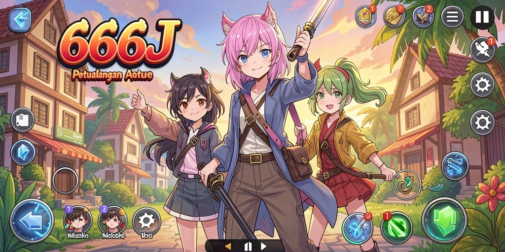 Tampilan gameplay 666J yang penuh aksi dan karakter anime yang menarik.