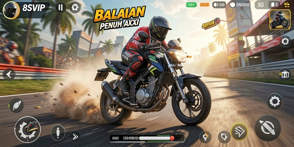 Tangkapan layar utama 8SVIP menampilkan aksi balapan motor yang mendebarkan.