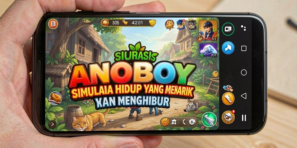 Screenshot gameplay ANOBOY yang menampilkan dunia simulasi yang penuh warna.
