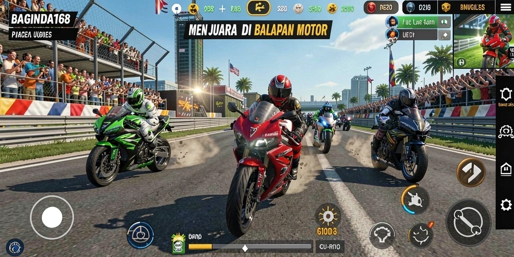 Screenshot dari BAGINDA168 menunjukkan serunya balapan motor.