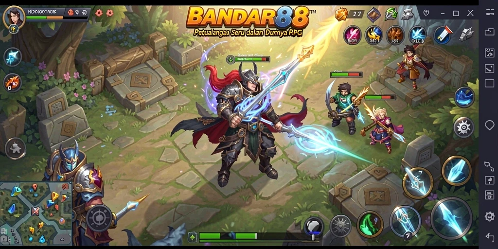 Screenshot gameplay BANDAR88 yang menampilkan pertarungan karakter RPG.