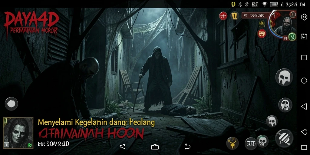 Screenshot menunjukkan gameplay horor dengan makhluk menyeramkan.
