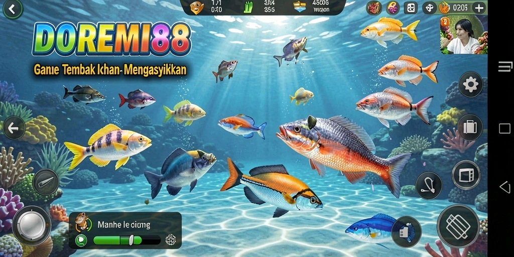 Tampilan utama gameplay DOREMI88 dengan aksi menembak ikan.