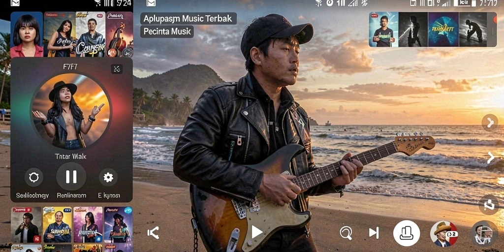 Screenshot gameplay F7F7 menampilkan antarmuka aplikasi musik yang menarik.