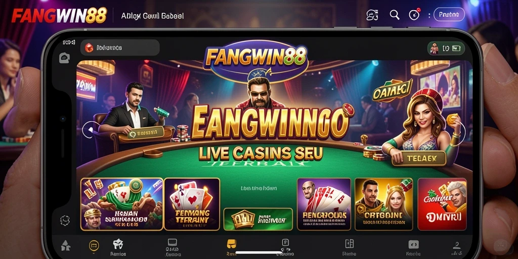 Screenshot gameplay FANGWIN88 dengan dealer langsung dan interaksi pemain.