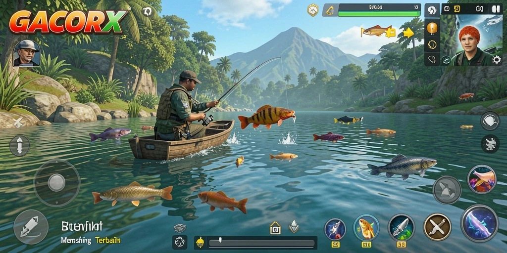 Screenshot utama GACORX menampilkan aksi seru dalam memancing.