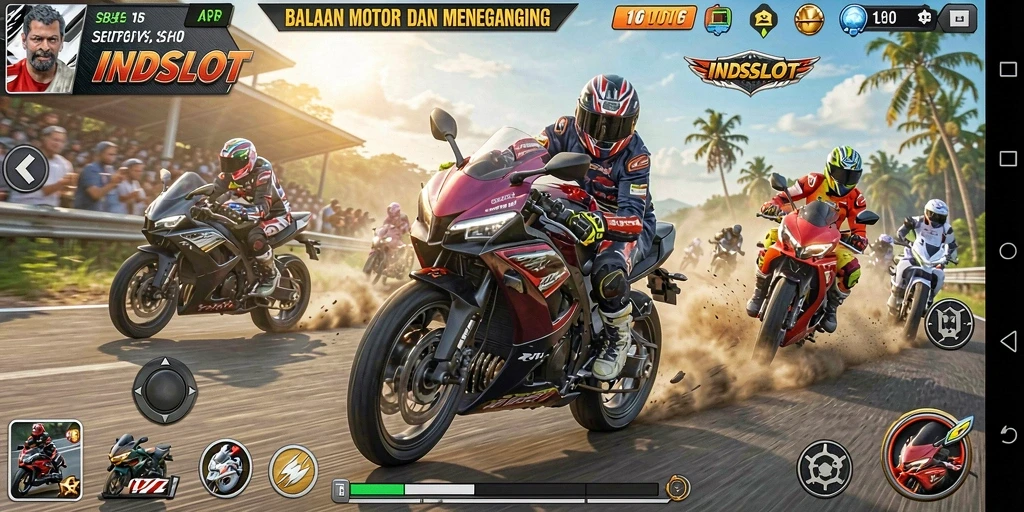 Tampilan gameplay seru di INDSLOT saat balapan motor.