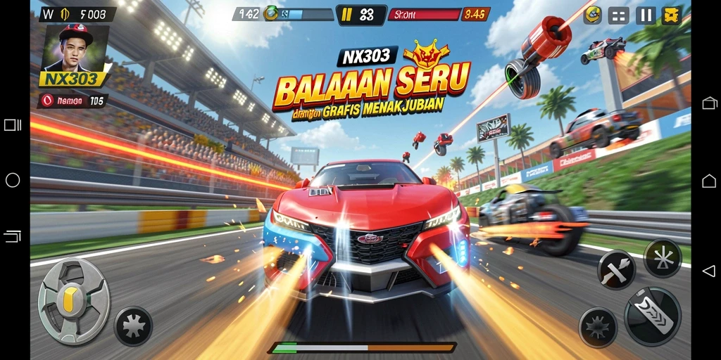 Tampilan gameplay NX303 menampilkan mobil balap melaju kencang di trek yang menantang.