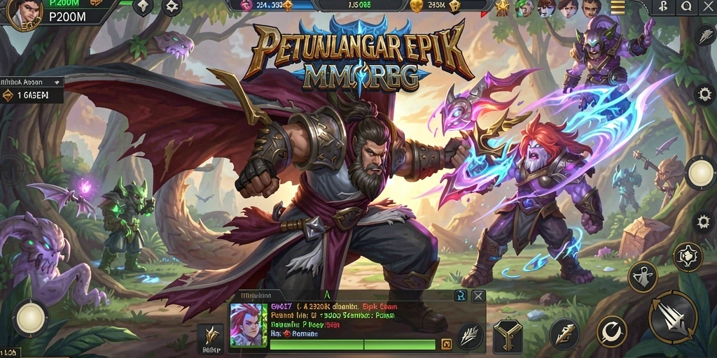 Screenshot utama P200M menampilkan pertempuran epik di dunia MMORPG.