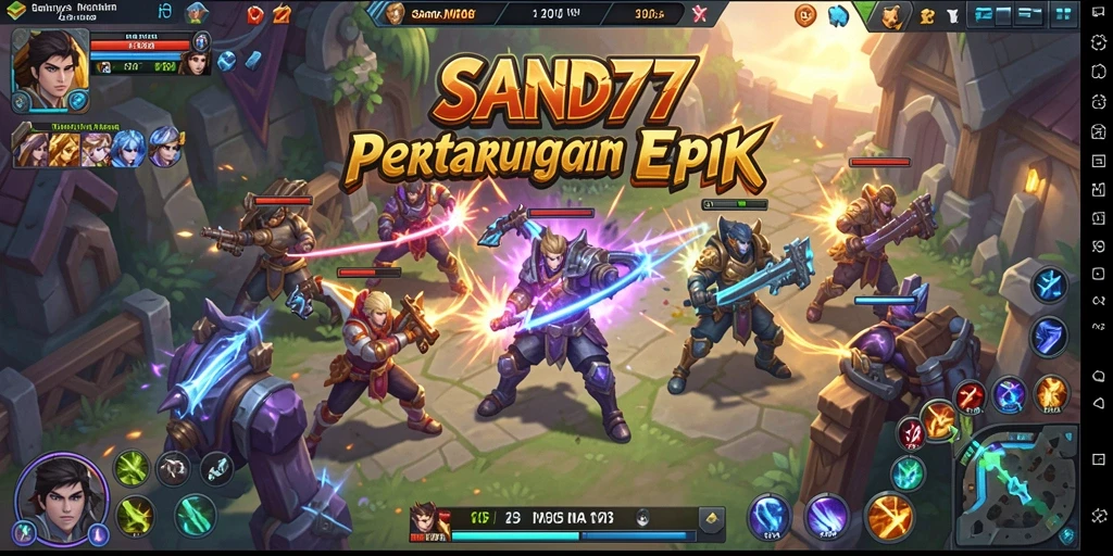 Tampilan gameplay SAND77 yang mendebarkan dan penuh aksi MOBA.