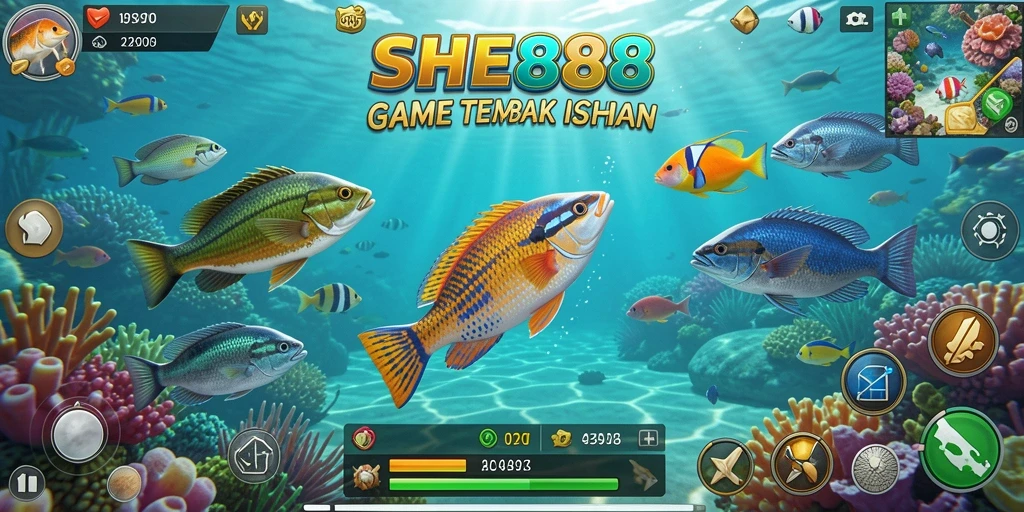 Gameplay seru Tembak Ikan di SHE888, penuh warna.