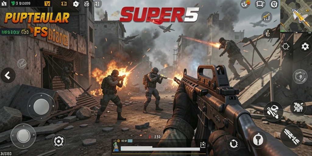 Gameplay SUPER5 yang mendebarkan dengan aksi tembak-menembak.