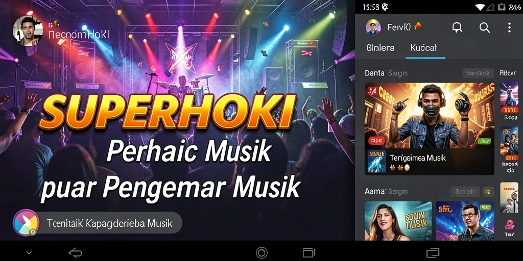 Screenshot utama SUPERHOKI menampilkan momen seru dalam permainan musik.