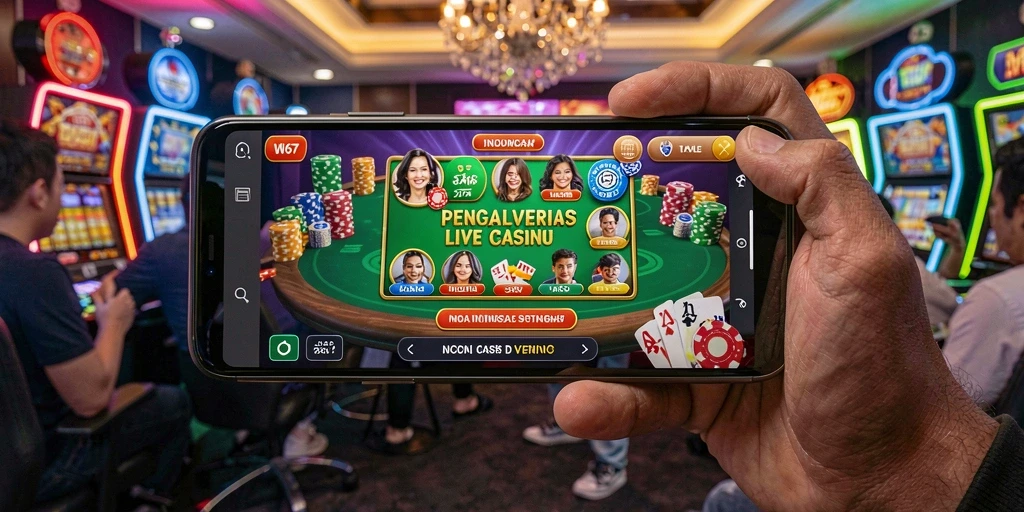 Tangkapan layar gameplay W67 menampilkan dealer langsung dengan suasana kasino.
